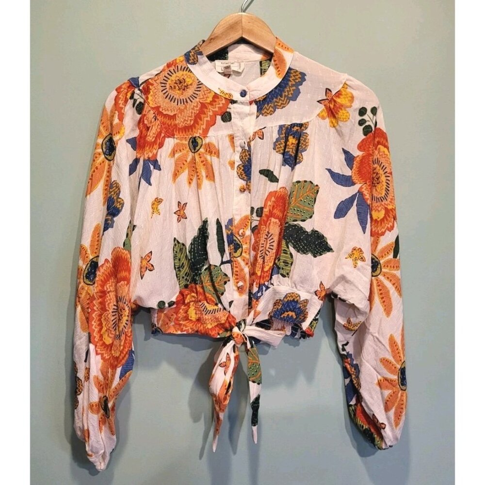 Artelier Nicole Miller Colorful Tropical Dolman Sleeve Button Up Tie Waist Top S